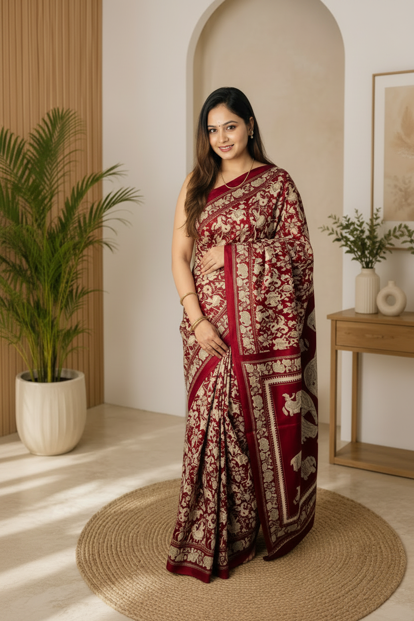 A woman modeling a deep red and gold patterned saree in a warm, modern interior setting with a potted plant and wooden furniture.