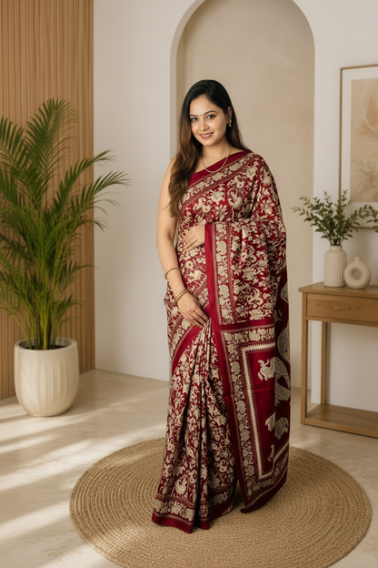 A woman modeling a deep red and gold patterned saree in a warm, modern interior setting with a potted plant and wooden furniture.