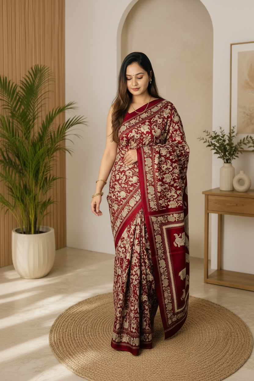 A woman modeling a deep red saree with intricate gold floral patterns, standing on a round woven jute rug in a warm, modern interior setting with a potted plant and wooden furniture.