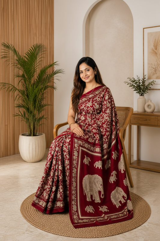A woman seated in a woven chair wearing a deep red and beige floral saree with elephant motifs on the border, posed in a warm, modern interior setting with a potted plant and wooden furniture.