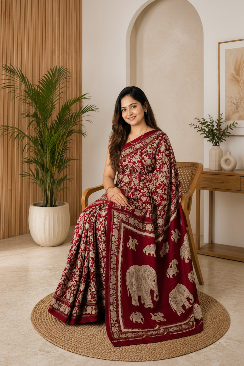 A woman seated in a woven chair wearing a deep red and beige floral saree with elephant motifs on the border, posed in a warm, modern interior setting with a potted plant and wooden furniture.