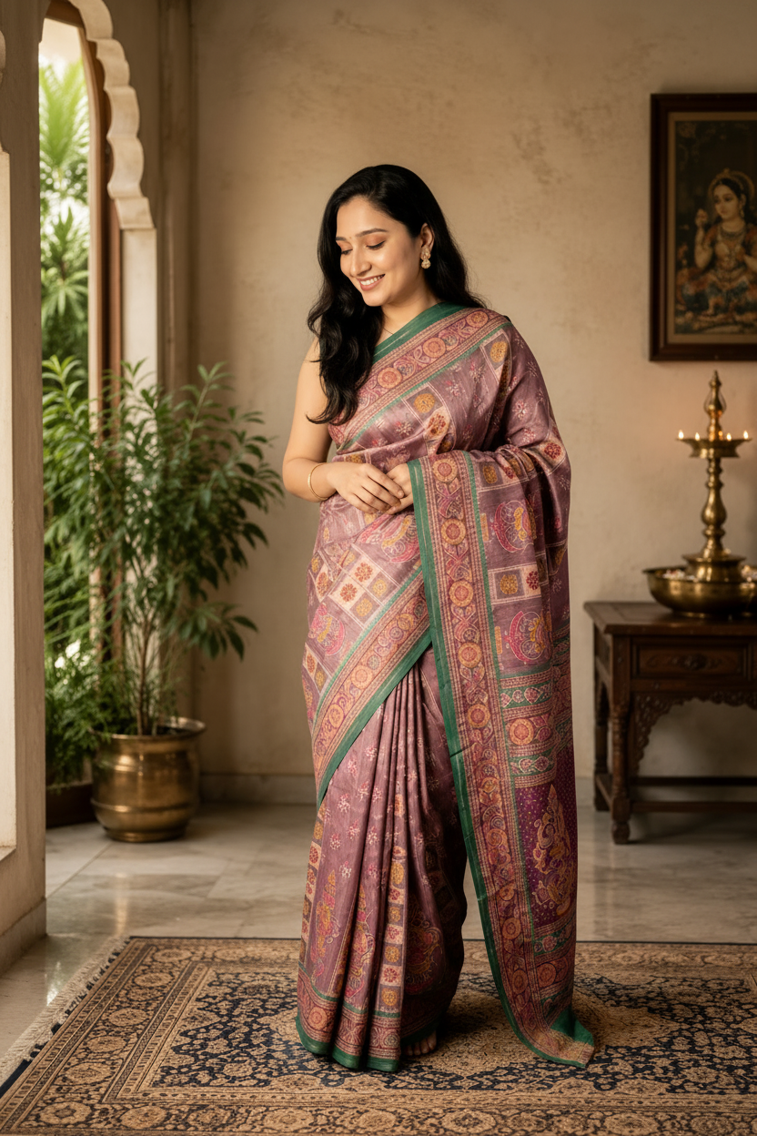Woman in a patterned saree standing in a room with decor elements.