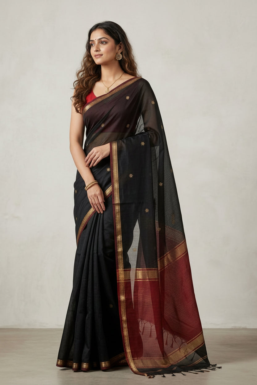 Woman wearing a black saree with gold and red accents on a plain background
