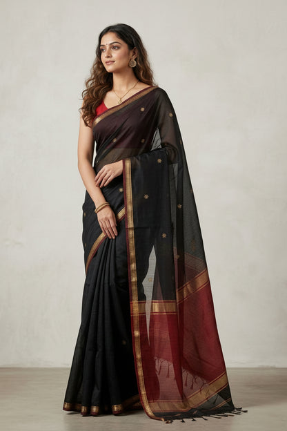 Woman wearing a black saree with gold and red accents on a plain background