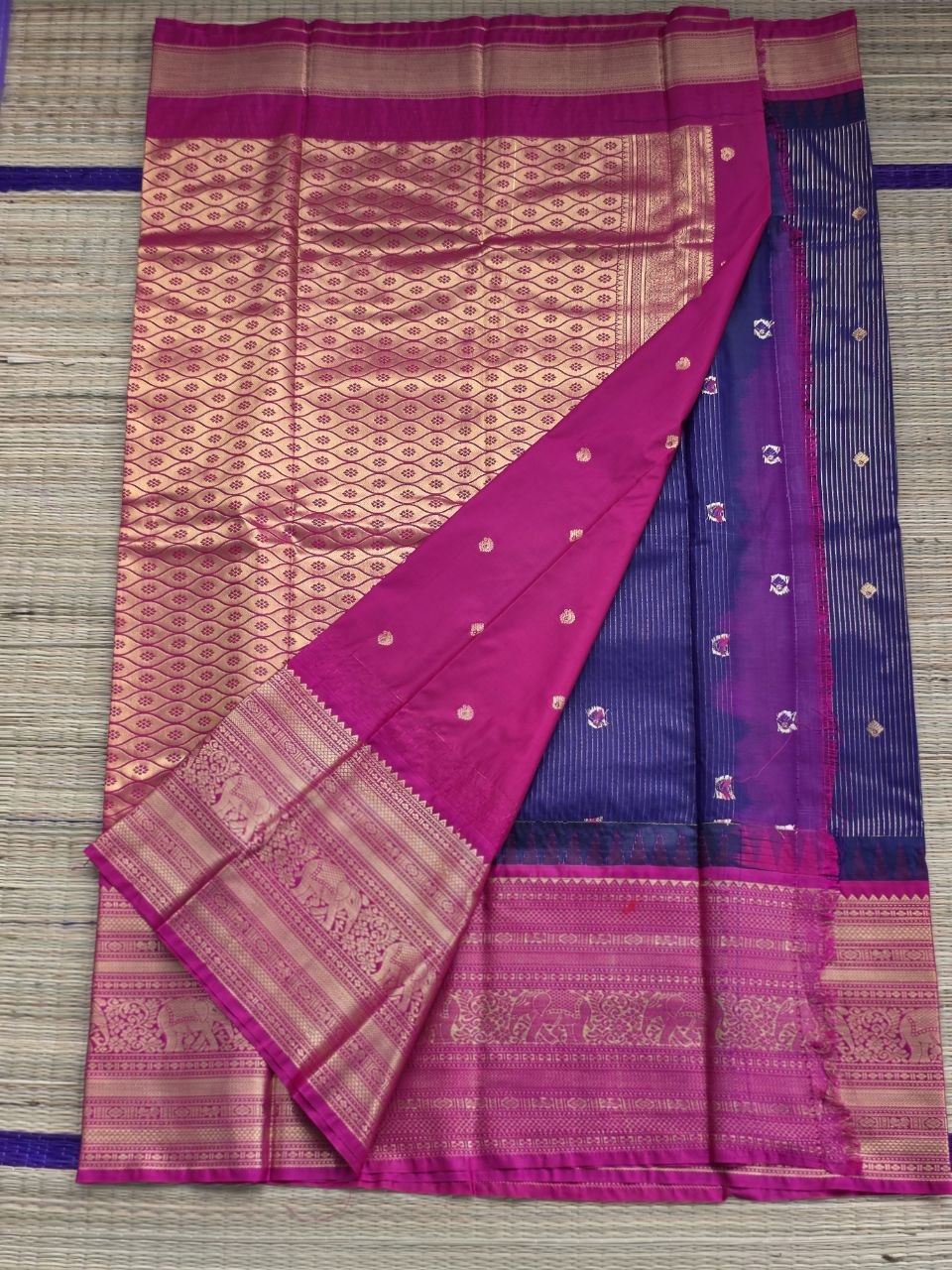 Midnight Bloom Premium Semi Gadwal Saree – Navy Blue & Rani Pink