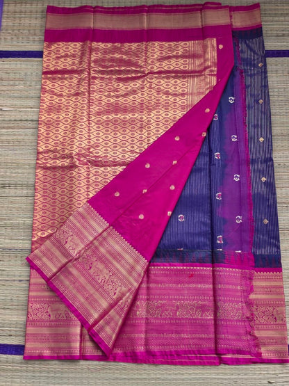 Midnight Bloom Premium Semi Gadwal Saree – Navy Blue & Rani Pink