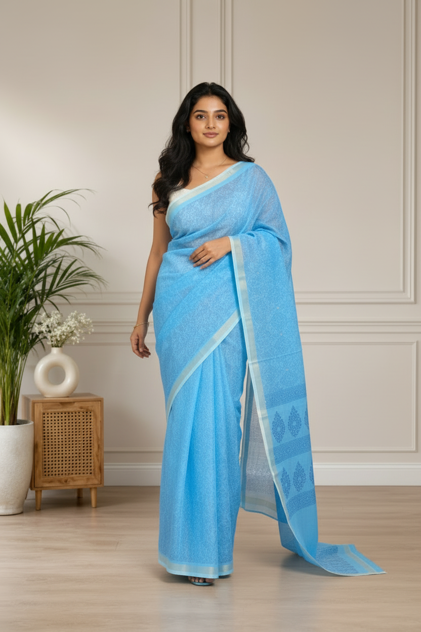 A woman modeling a light blue saree with subtle tonal patterns and a matching blouse, standing in a neutral indoor room with a plant and small wooden side table.