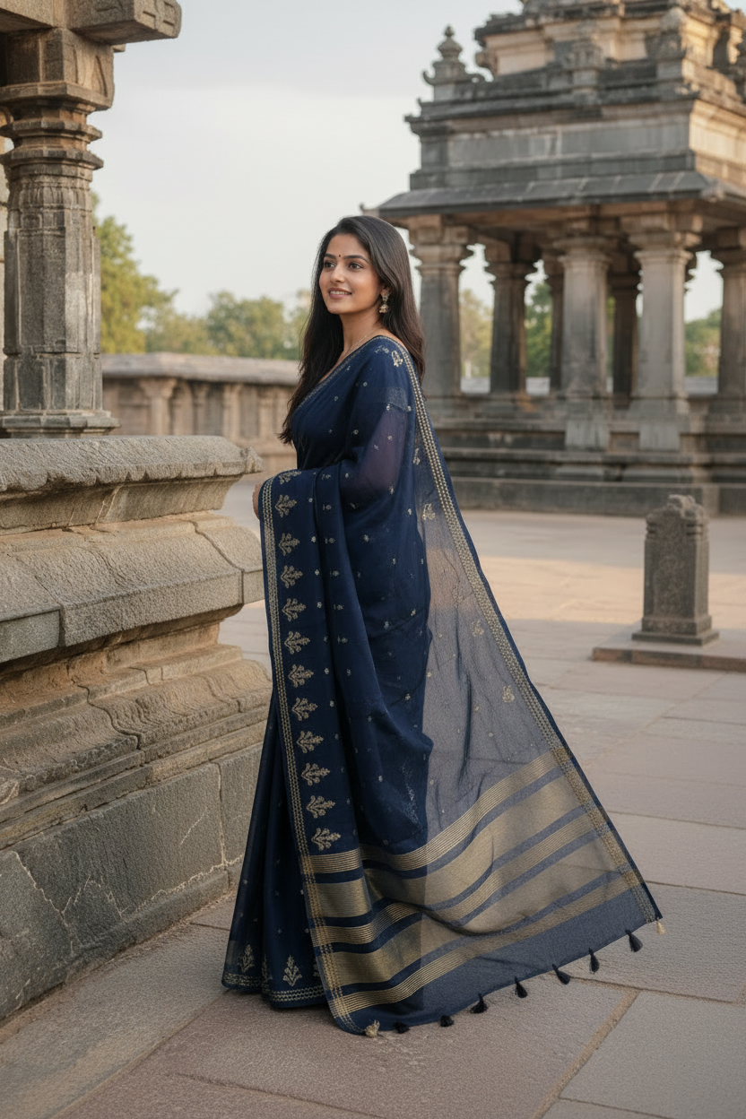 Woman in a blue saree standing in front of stone architectural structures.