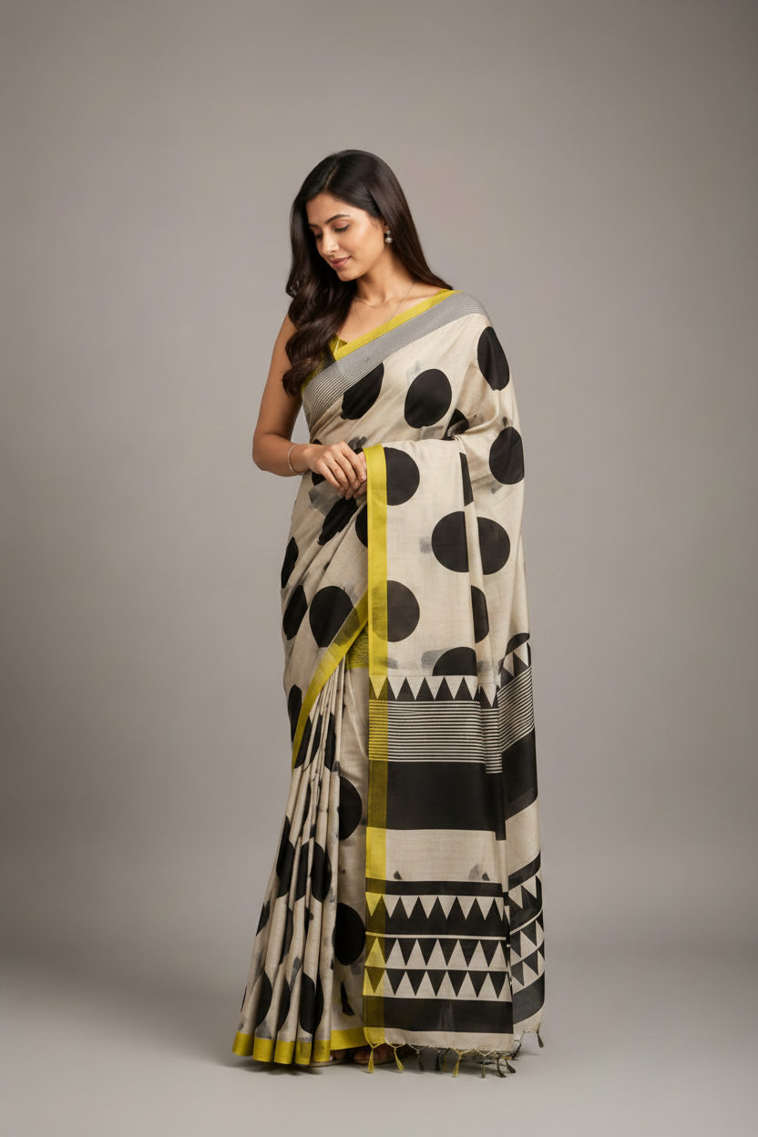 Woman wearing a patterned saree with a neutral background
