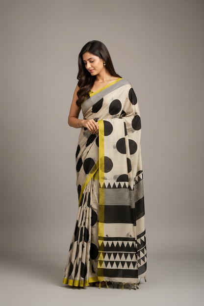 Woman wearing a patterned saree with a neutral background