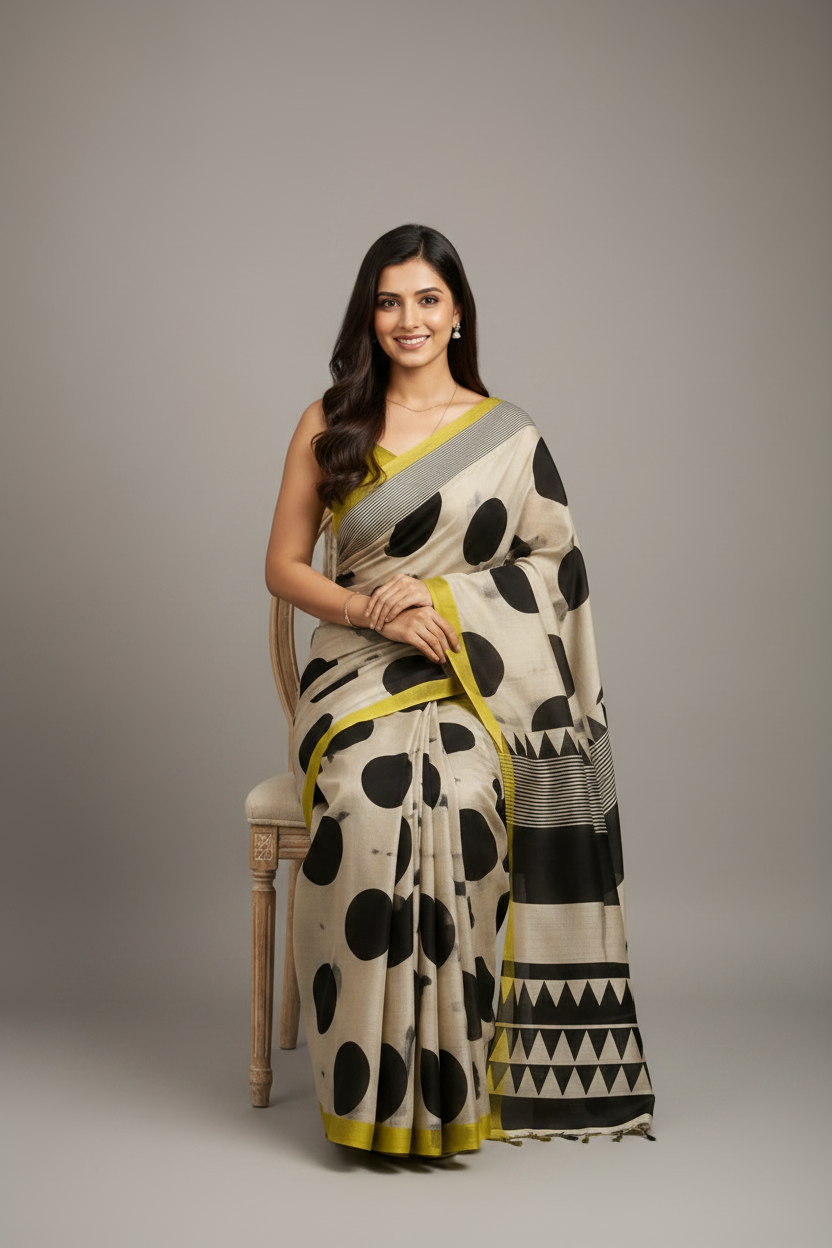 Modern Heritage Gajji Silk Saree – Ivory, Black & Lime Statement Weave