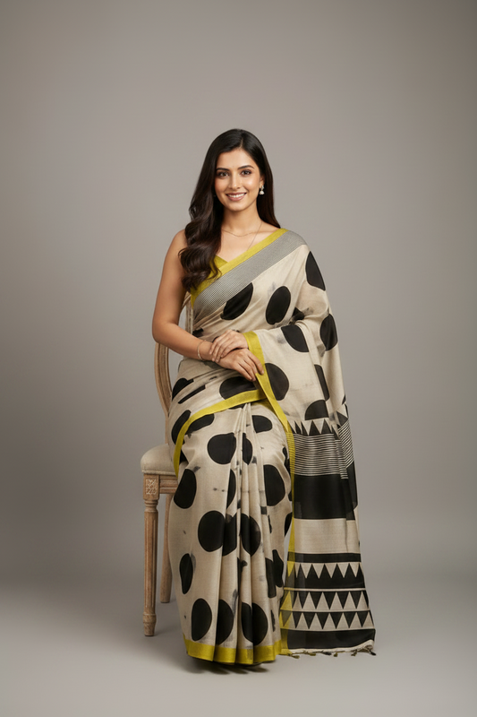 Modern Heritage Gajji Silk Saree – Ivory, Black & Lime Statement Weave
