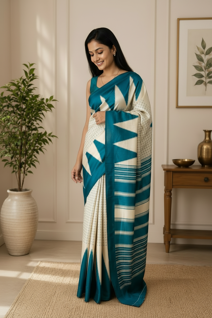 Woman wearing a blue and white patterned saree in a room with a plant and wooden table.