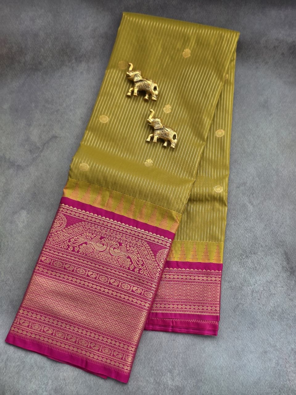 Mustard Yellow Premium Semi Gadwal Saree with Fuchsia Pink Contrast