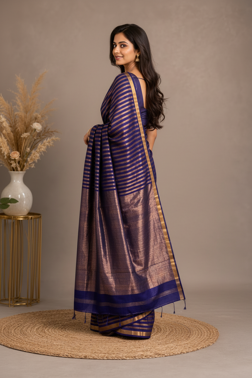 Woman wearing a blue and gold saree with a neutral background