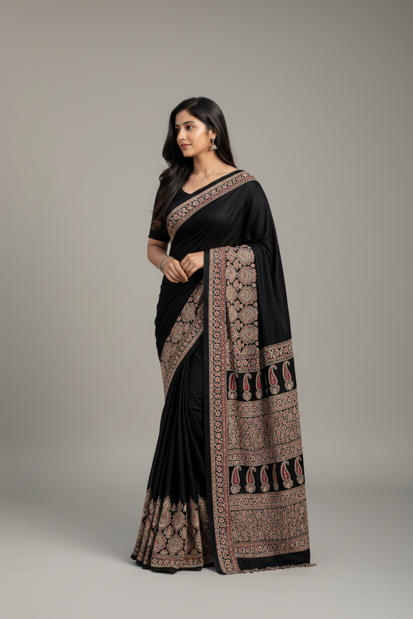 Woman wearing a black saree with intricate patterns on a plain background