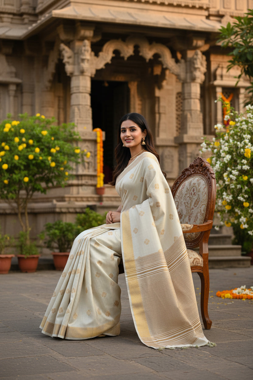 Woman in a traditional saree standing in front of an architectural structure with floral decorations.