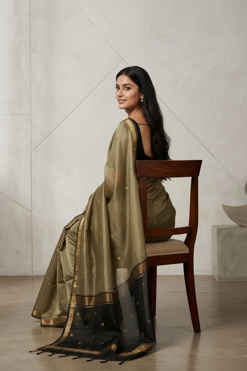 Woman wearing a traditional saree with a neutral background