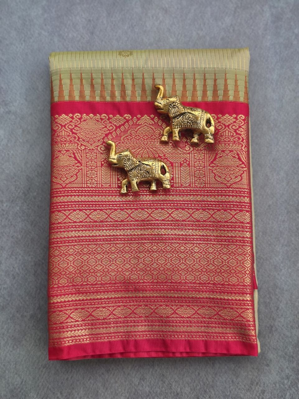 Olive Bloom Premium Semi Gadwal Saree in Light Olive Green & Rich Red