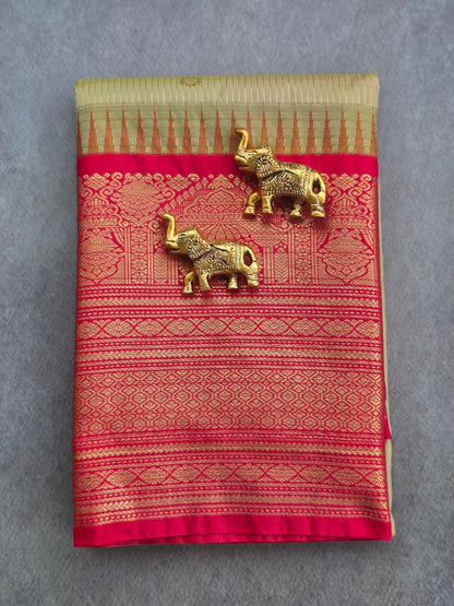 Olive Bloom Premium Semi Gadwal Saree in Light Olive Green & Rich Red