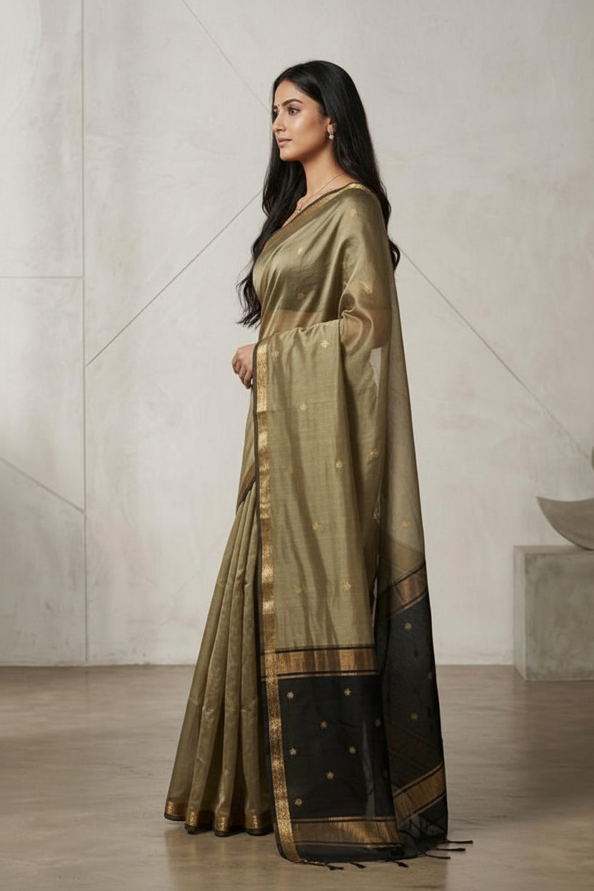 Woman wearing a traditional saree with a neutral background