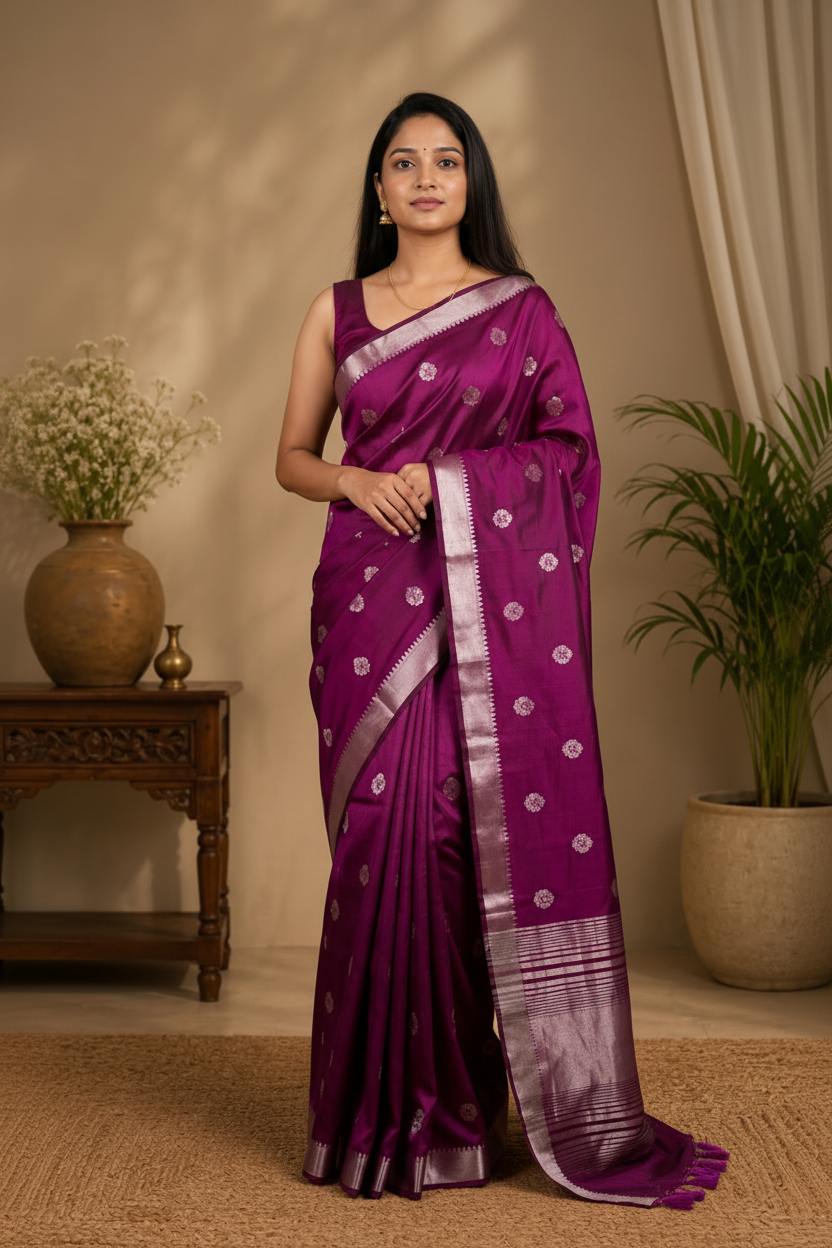 Woman wearing a purple saree with a white border indoors.