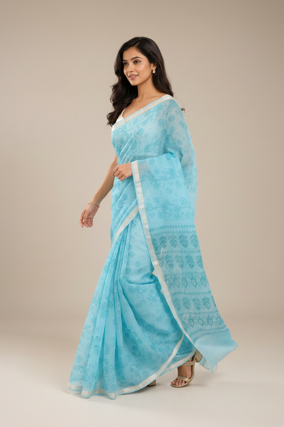 A woman modeling a light blue saree with white border details and a matching white blouse, standing against a solid beige studio background.