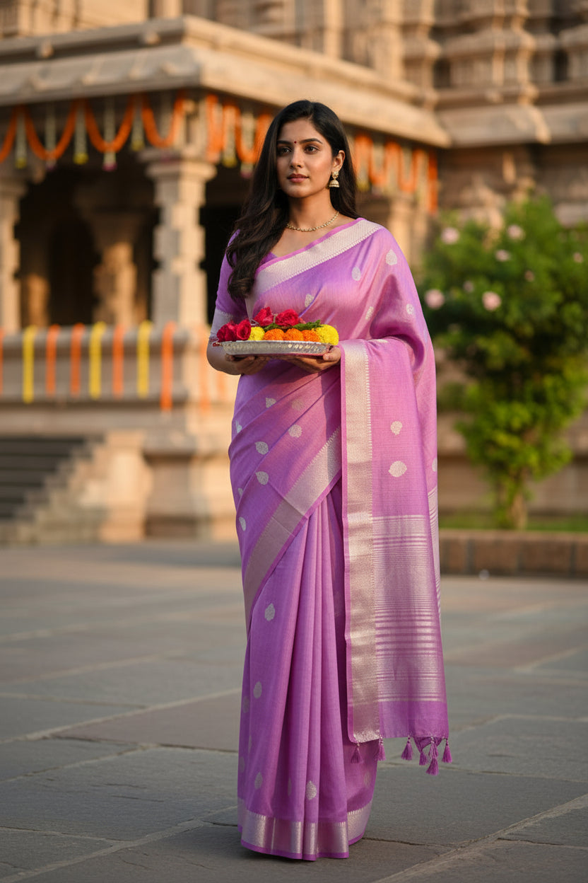 Woman in a purple saree standing in front of a building with decorative elements.