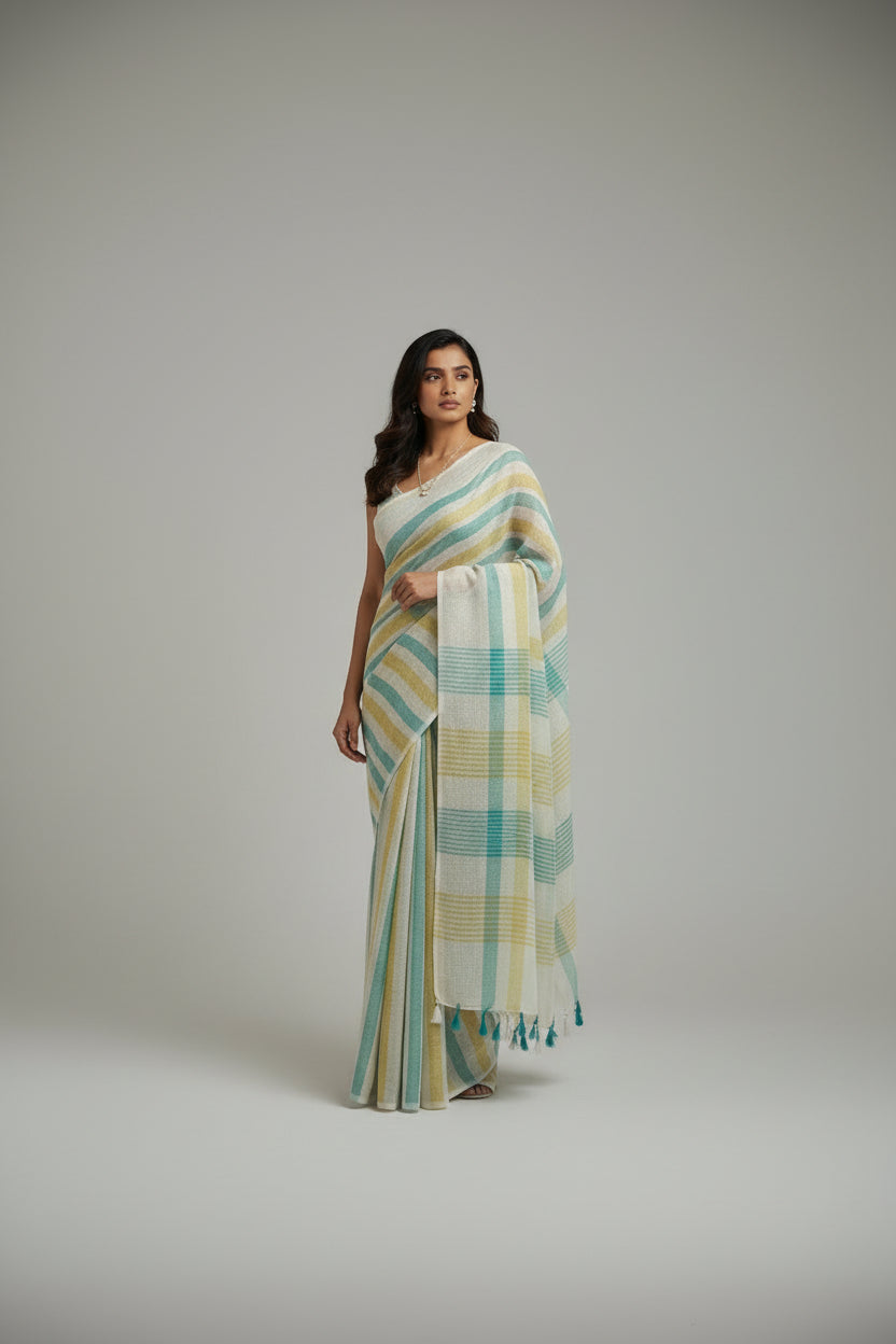 Striped fabric with blue and yellow pattern on a white background