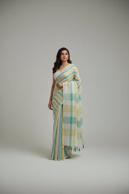 Striped fabric with blue and yellow pattern on a white background