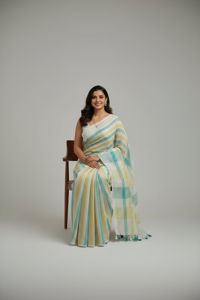 Pastel Mint & Lemon Striped Linen Saree with Checkered Pallu and Tassels