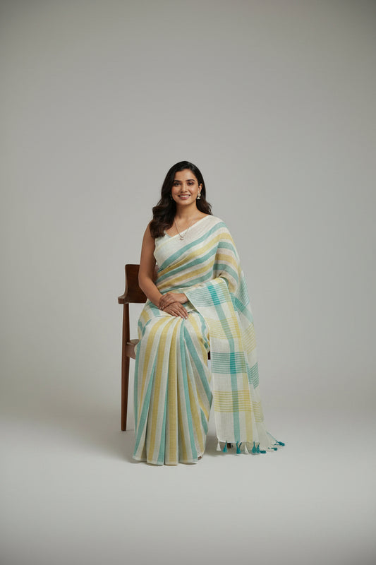 Pastel Mint & Lemon Striped Linen Saree with Checkered Pallu and Tassels