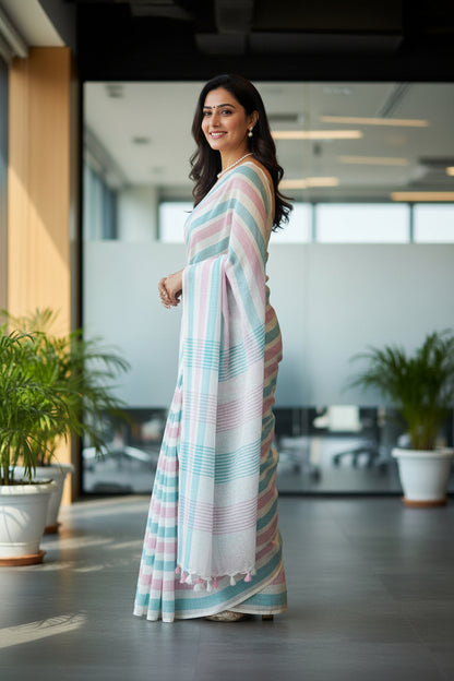 Woman in a colorful saree standing in an indoor setting with plants and a large window.