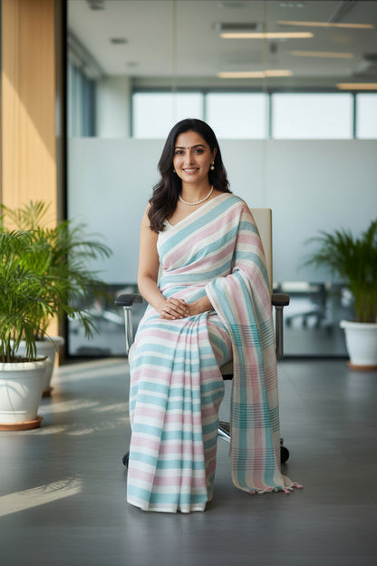 Pastel Pink & Aqua Striped Linen Saree with Handwoven Pallu and Tassels