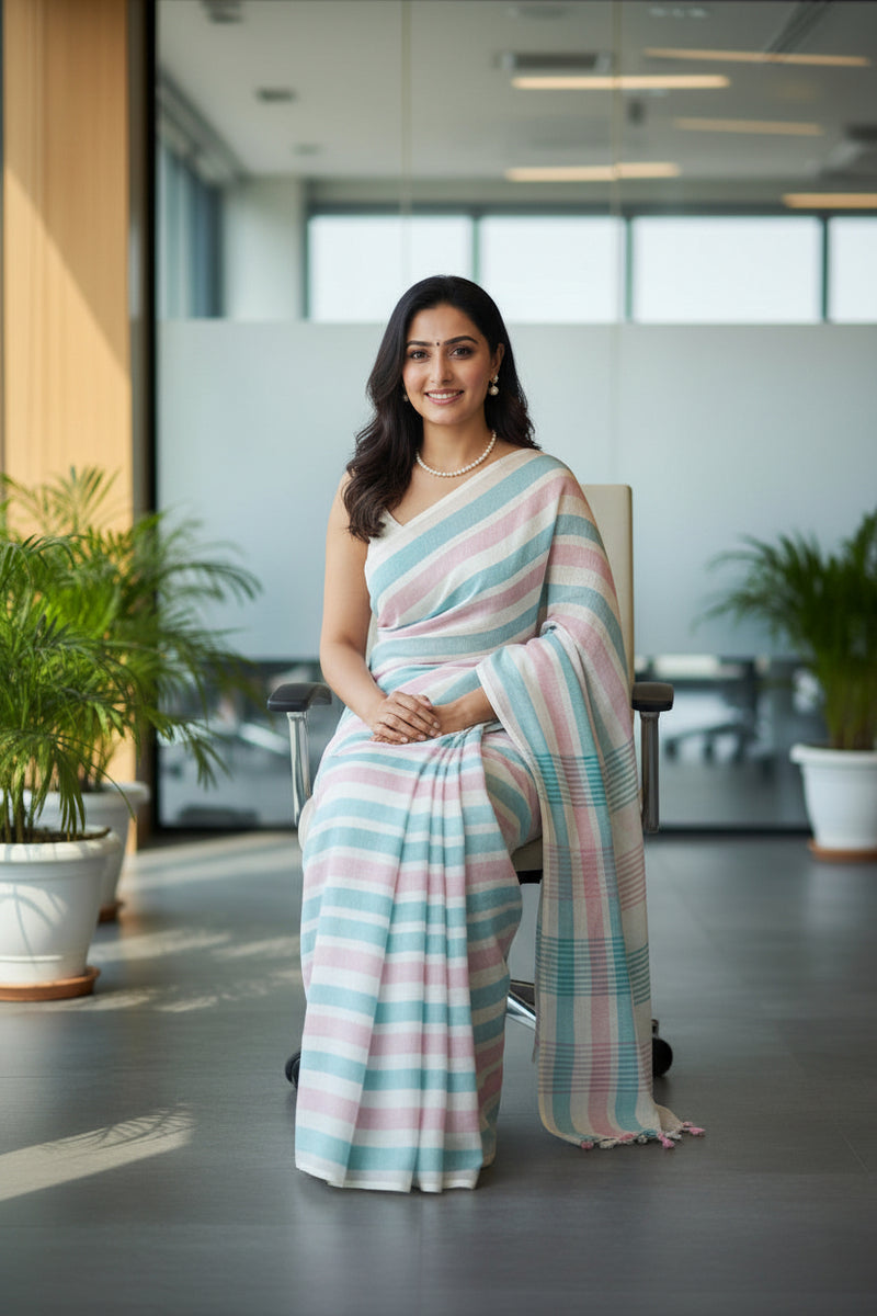 Pastel Pink & Aqua Striped Linen Saree with Handwoven Pallu and Tassels
