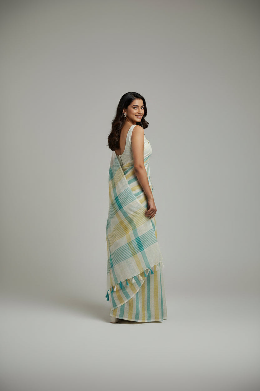 Woman wearing a striped saree on a plain background