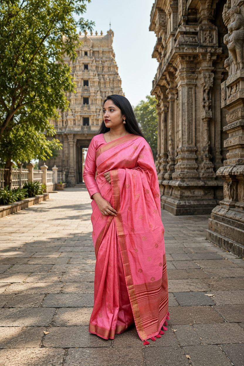A woman wearing a pink silk saree with gold zari patterns and a red border stands in front of a historic temple in India.