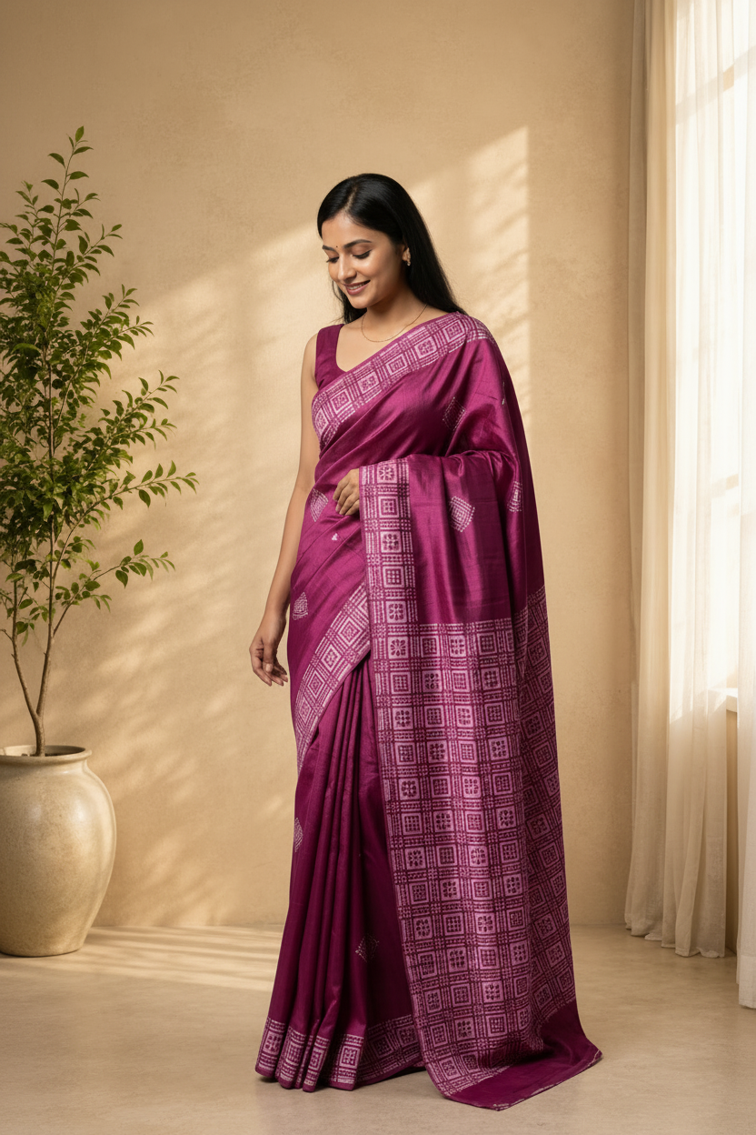 Woman wearing a magenta saree with a geometric pattern in a room with a plant and window.