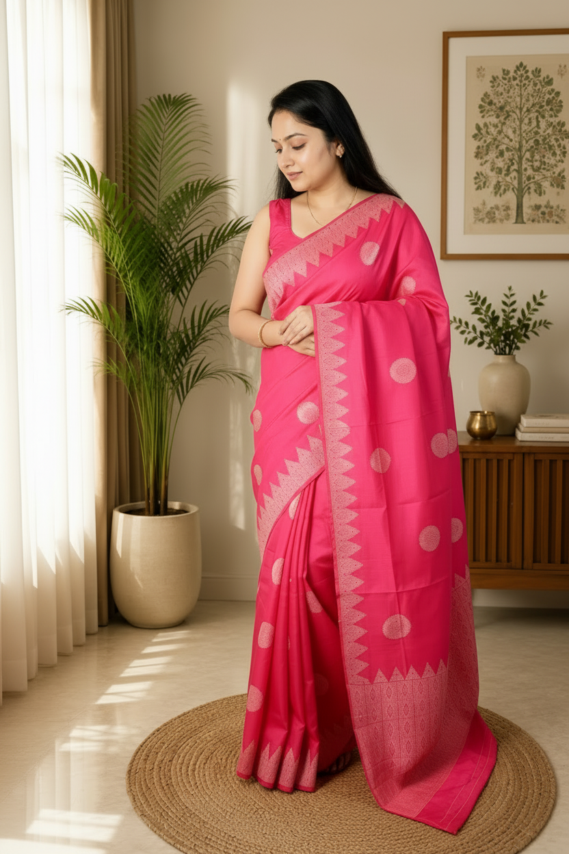 Woman in a bright pink saree with white patterns standing in a well-lit room.