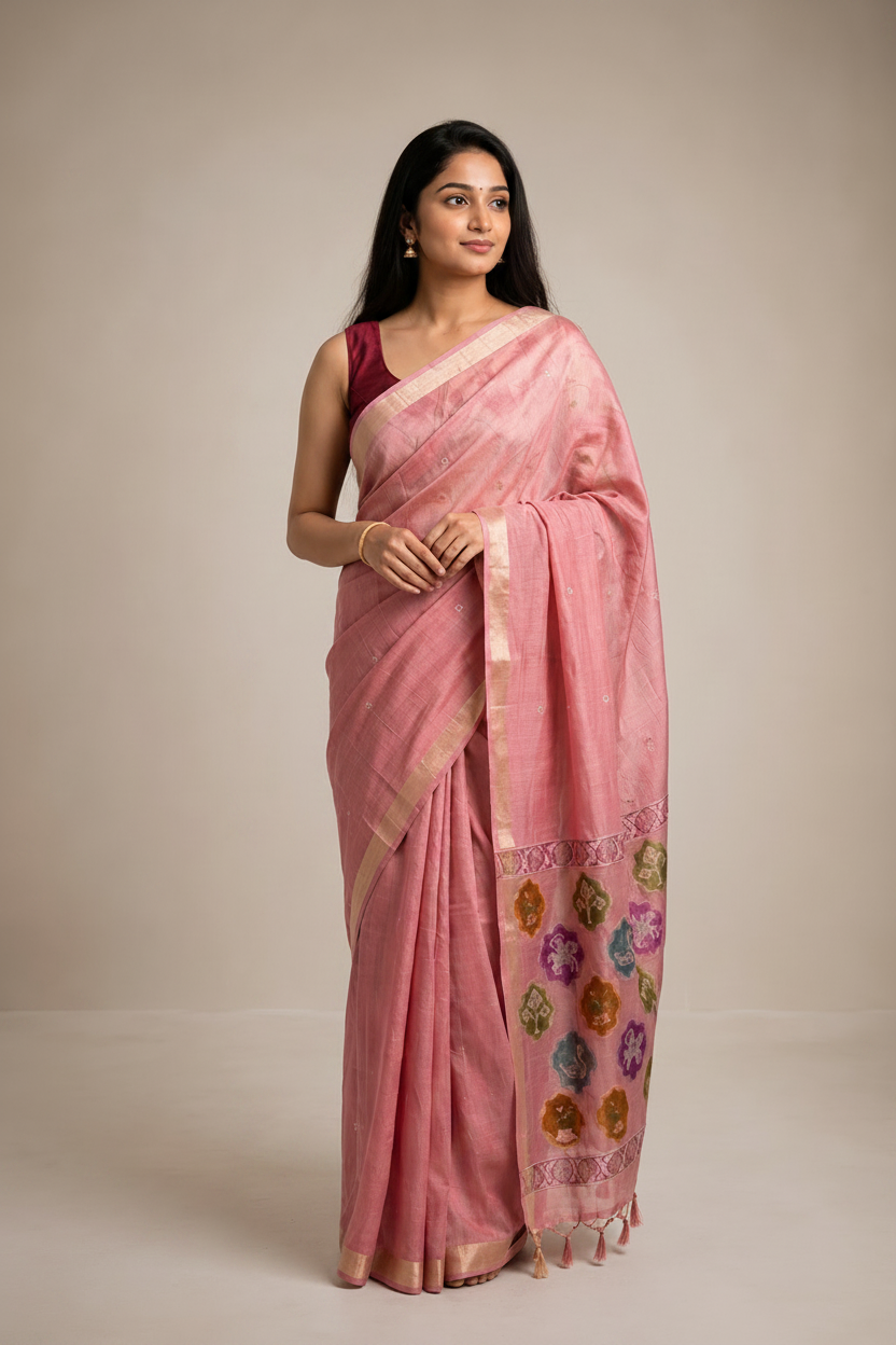 Woman wearing a pink saree with floral patterns on a beige background