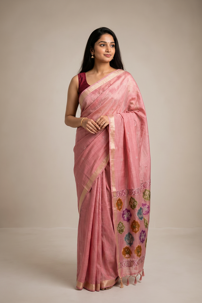 Woman wearing a pink saree with floral patterns on a beige background