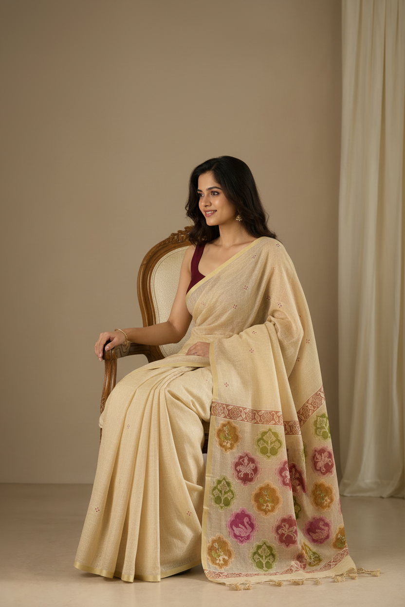Premium Beige Malabar Linen Saree with Golden Border