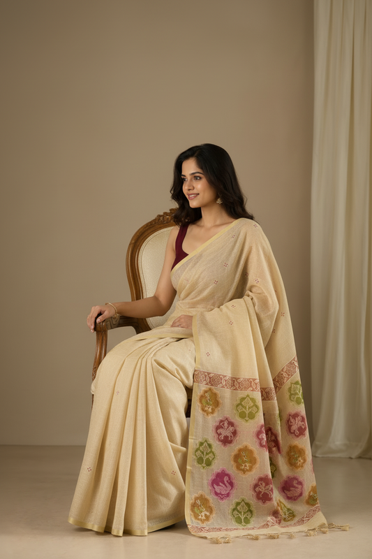 Premium Beige Malabar Linen Saree with Golden Border