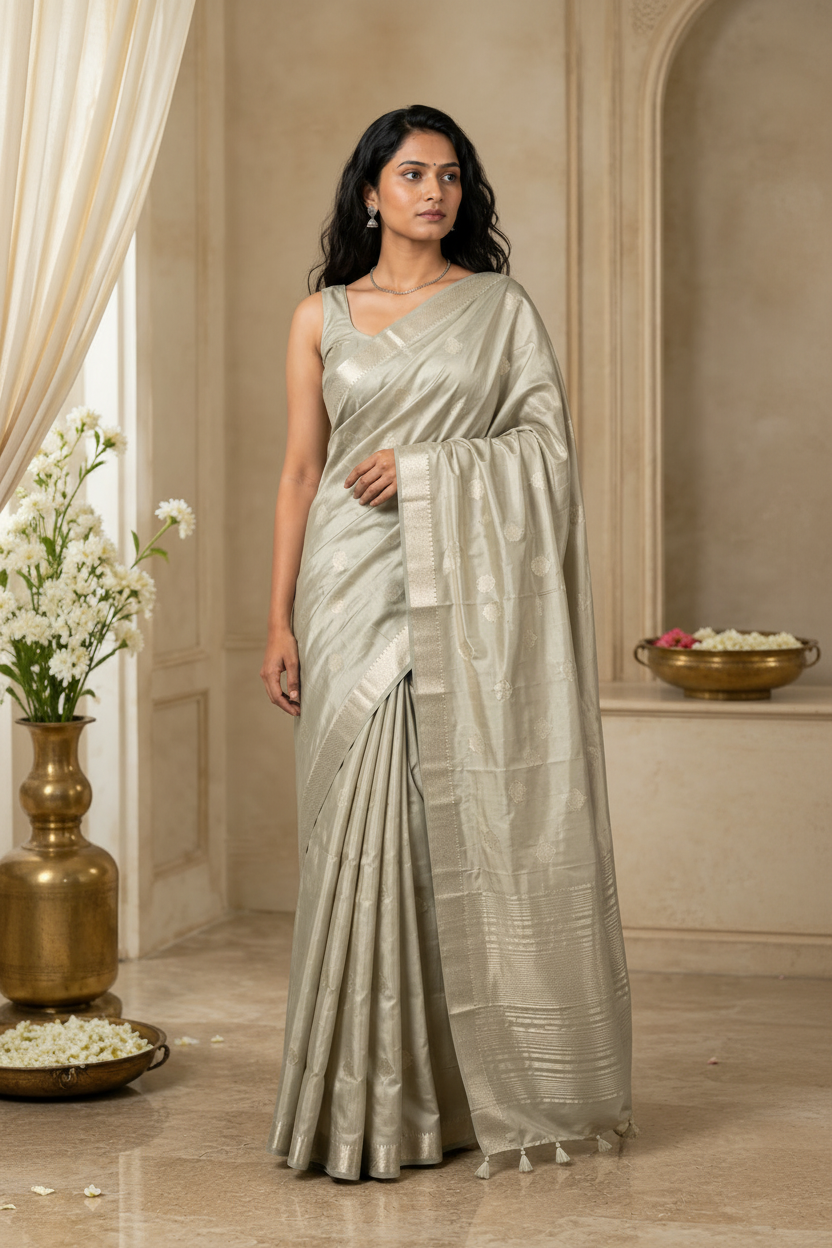 Premium Celadon Green Raw Silk Saree with Rich Pallu & Tassels