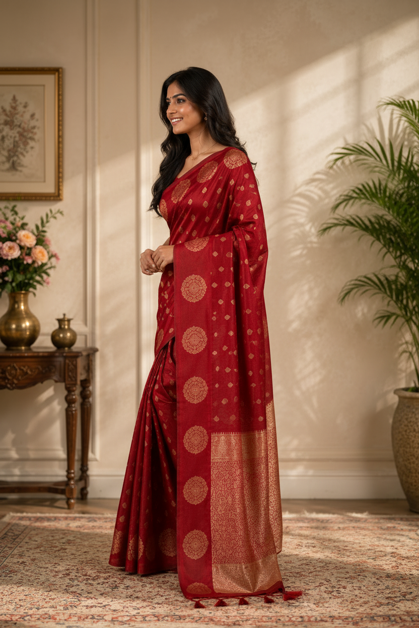 Woman in a red saree standing in a room with decorative elements.