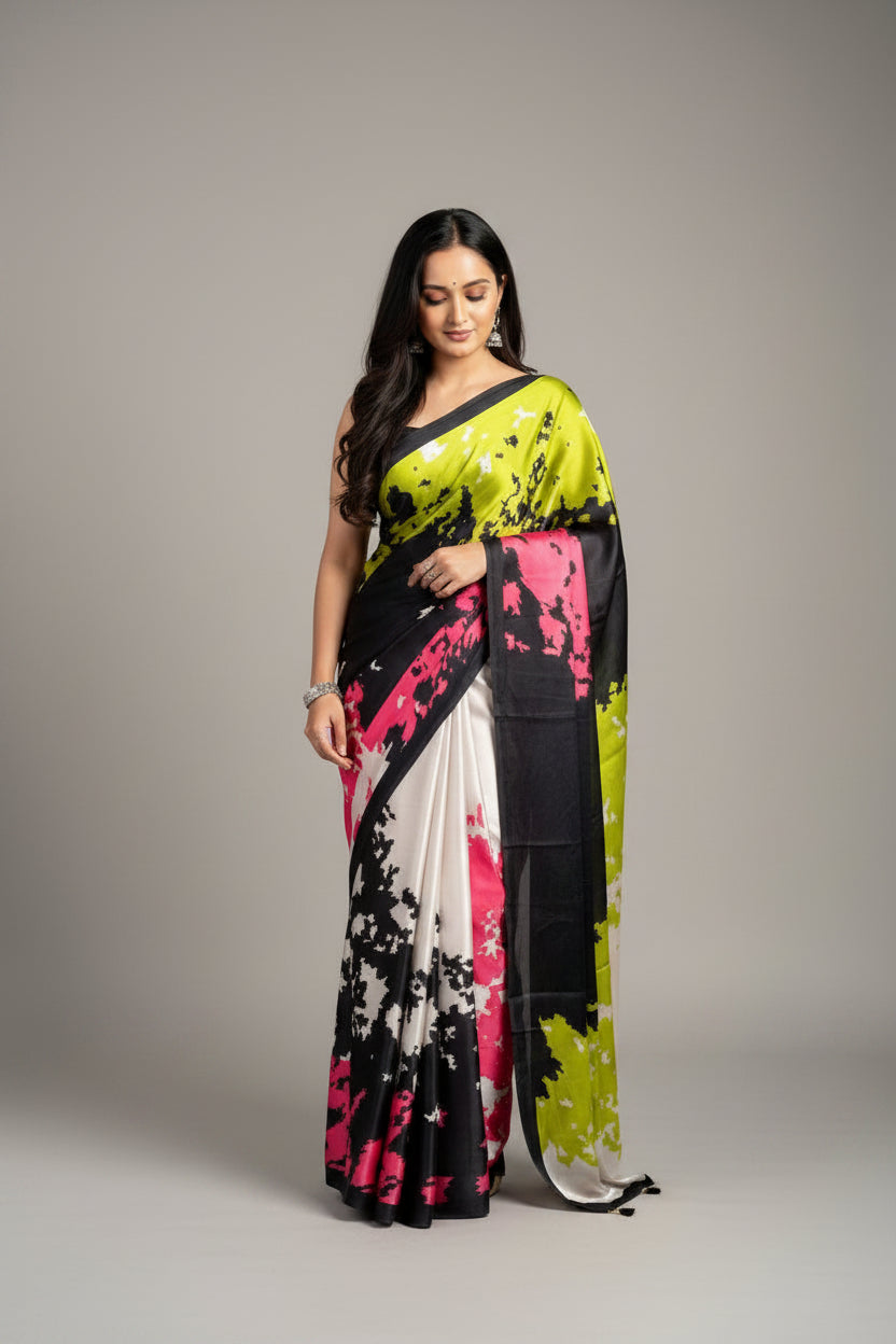 Woman wearing a colorful saree with a gradient design on a plain background