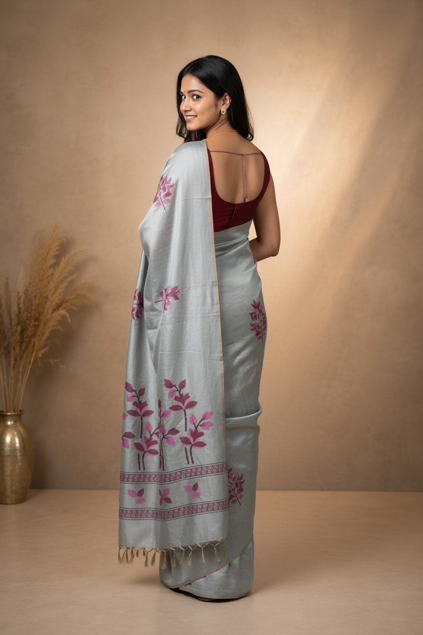 Woman wearing a light gray saree with pink floral patterns against a beige background