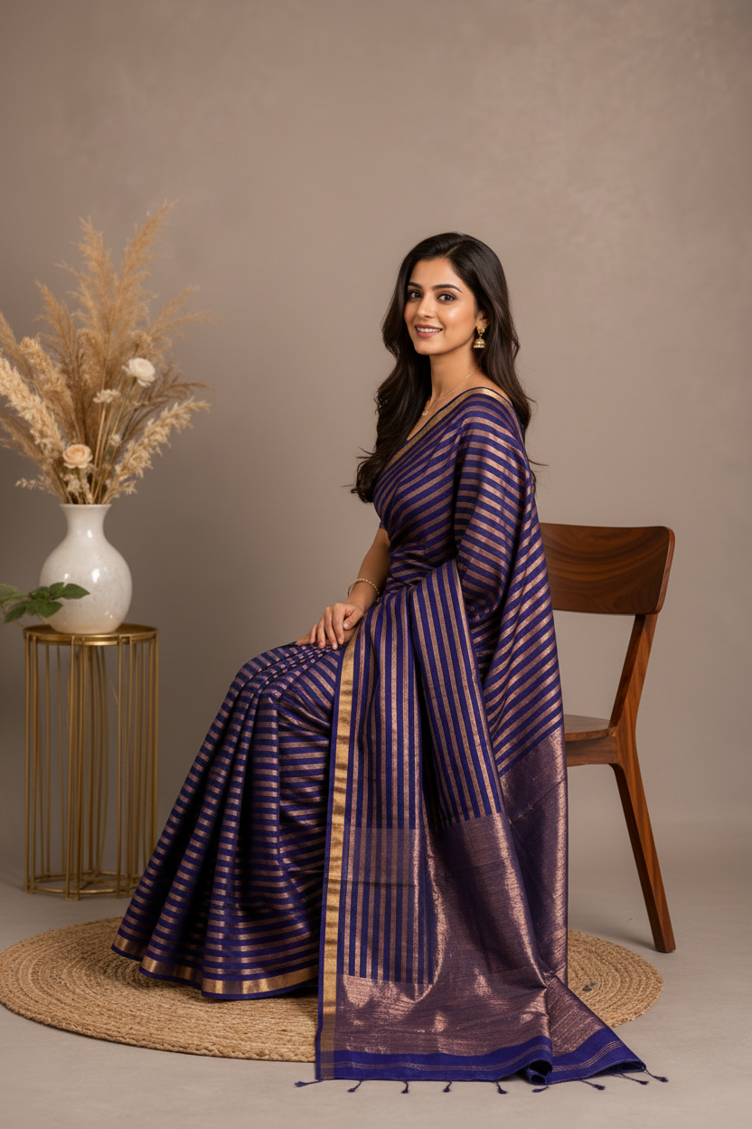 Woman in a purple saree sitting on a chair with a neutral background