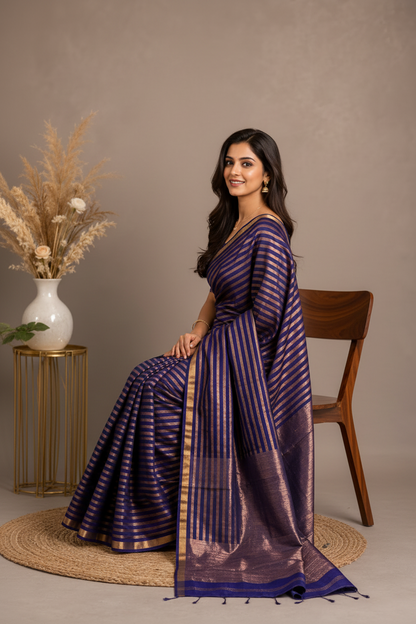 Woman in a purple saree sitting on a chair with a neutral background