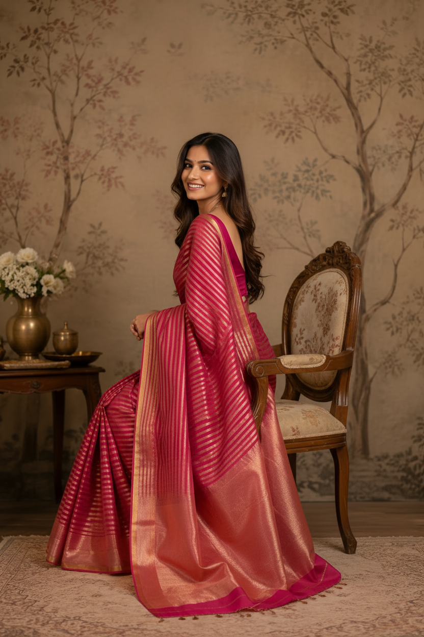 Woman in a maroon saree sitting on a wooden chair with a decorative background